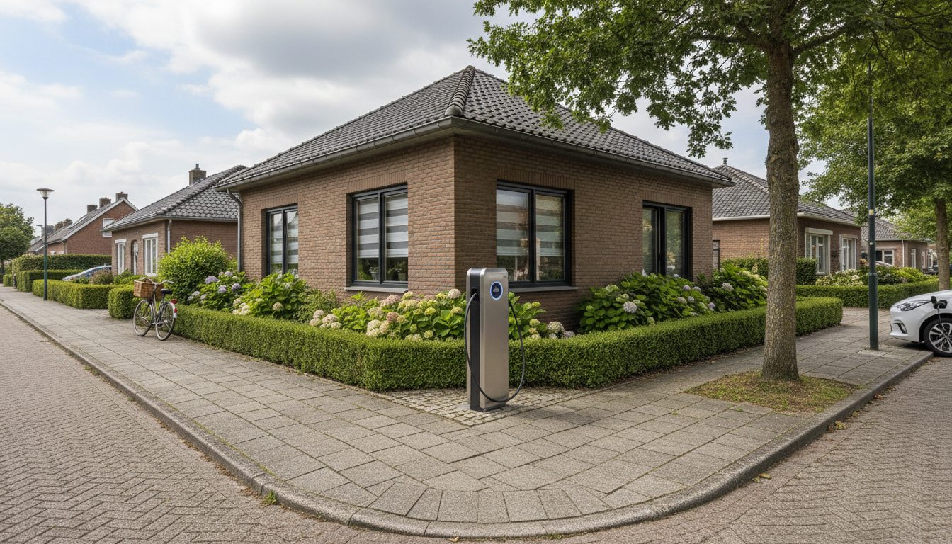 Straatbeeld met laadpaal op woning in Flandre in de winter