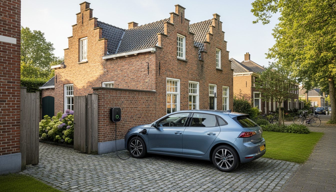 laadpaal installatie bij bakstenen woning in Flandre