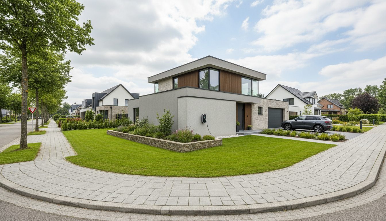 Straatbeeld met laadpaal op woning in Flandre